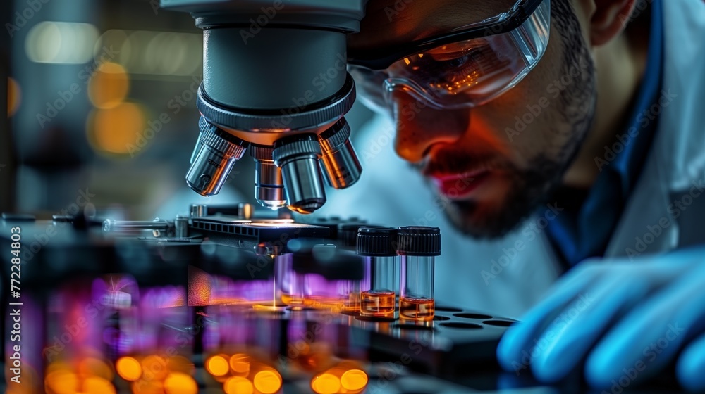 Poster Scientist Examining Specimen Through Microscope In Laboratory