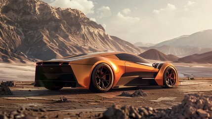 concept sports car creative design, without brand in golden sand color on top of the mountain - obrazy, fototapety, plakaty