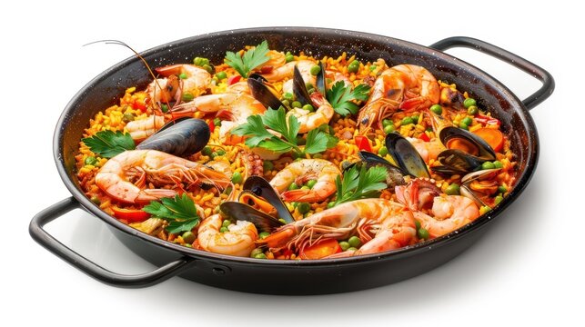 Delicious spanish paella seafood in a dark pan Isolated on white background. AI generated image