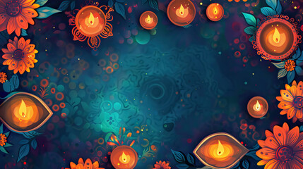 top view flat lay, Indian festival Happy Diwali holiday Background with illuminated oil lamps with copy space.