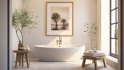  A serene bathroom with a mockup frame mounted on the wall above a luxurious bathtub, accentuating the spa-like atmosphere. 