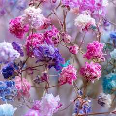 Macro image of blooming gypsophila flower bouquet with many tiny colorful buds and delicate petals