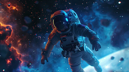 Astronaut Floating in Space with Nebula and Planets