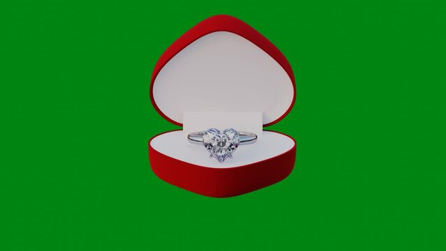diamond ring in open red box heart shape on green screen 3D rendering