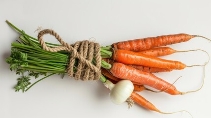 Fresh vegetable bunch of carrots and onions tied with a rope isolated background. AI generated - obrazy, fototapety, plakaty