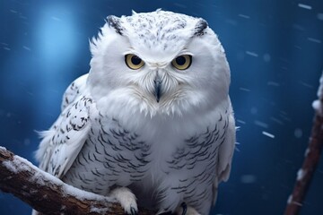 The snowy owl (Bubo scandiacus), polar owl, on the snowy winter landscape.