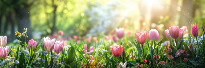 Radiant Springtime Tulip Garden Bathed in Sunlight - obrazy, fototapety, plakaty