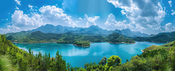 panoramic photo of a lake in the rocky mountains, with a blue sky, green trees, turquoise water, and a mountain range - Powered by Adobe
