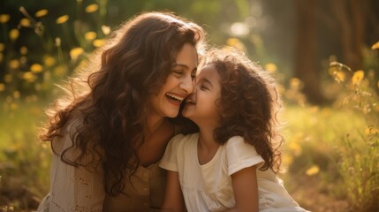 Close-up of a happy smiling Indian mom having fun, having fun with her daughter outdoors in the park, forest, nature. Summer, Family, Positive Emotions, Facial Expression concepts.