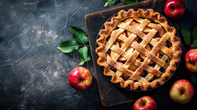 Tasty healthy homemade apple pie food on dark background. AI generated image