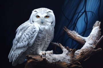 The snowy owl (Bubo scandiacus), polar owl, on the snowy winter landscape.