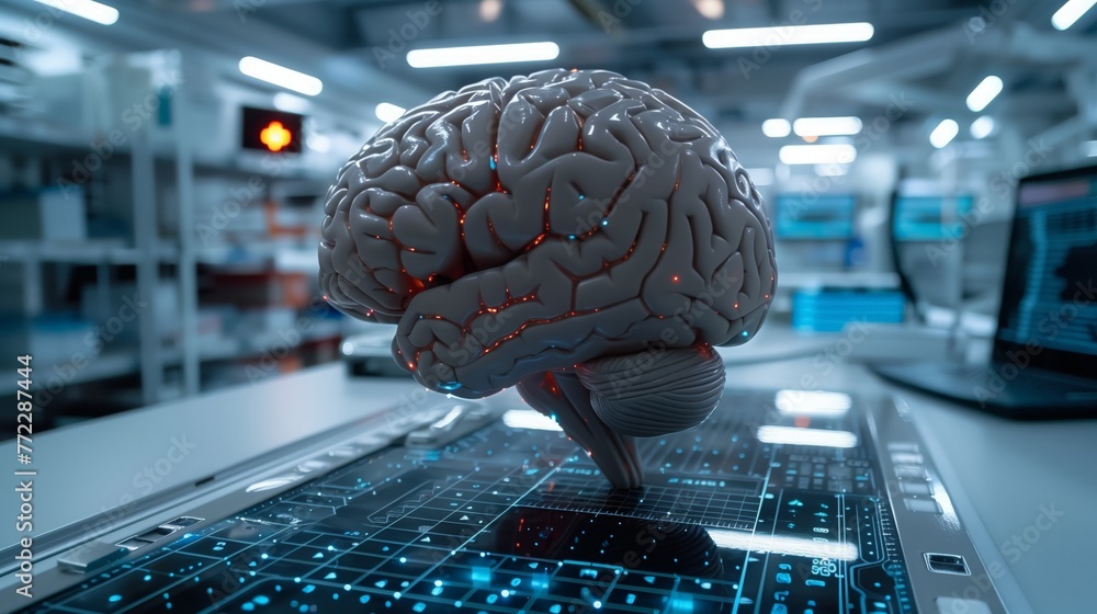 Poster futuristic brain model displayed in a high-tech laboratory