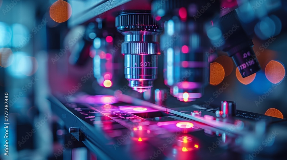 Poster Close-Up View of Modern Microscope in a Laboratory Setting