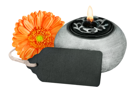 Dekoration mit Kerze, Label und Blumen Hintergrund transparent PNG cut out