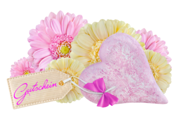 Dekoration mit Gutschein, Herz, Label und Blumen  Hintergrund transparent PNG cut out