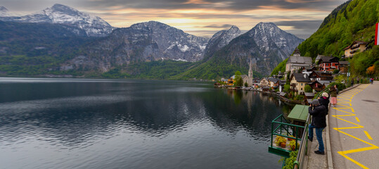 Famous Hallstatt mountain village in the Austrian Alps at sunrise, Austria