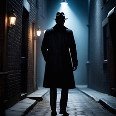 mysterious man with coat and fedora hat walking in a dark street - obrazy, fototapety, plakaty