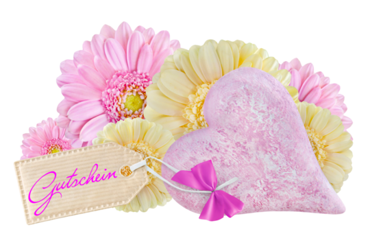 Dekoration mit Gutschein, Herz, Label und Blumen  Hintergrund transparent PNG cut out