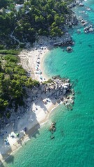 Fototapeta premium Aerial view of the shoreline of Fava Beach, Sitonia, Halkidiki, Greece