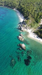 Aerial view of the shoreline of Fava Beach, Sitonia, Halkidiki, Greece