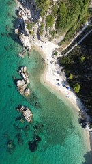 Aerial view of the shoreline of Fava Beach, Sitonia, Halkidiki, Greece