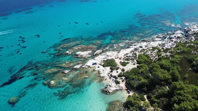 Aerial view of the shoreline of Kavourotrypes Beach, Sitonia, Halkidiki, Greece
