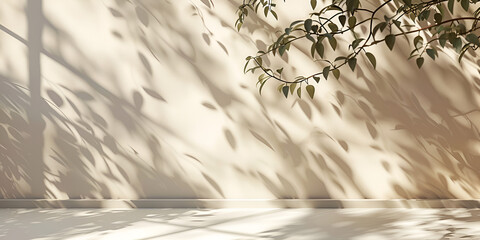 Minimalistic abstract gentle light beige background for product presentation with light andand intricate shadow from the window and vegetation on wall. generative ai 