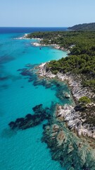 Fototapeta na wymiar Aerial view of the shoreline of Paradise Beach, Sitonia, Halkidiki, Greece