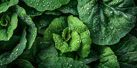 Fototapeta premium A detailed macro shot of raindrops on green organic vegetable leaves, showcasing the beauty in the details of natural food.