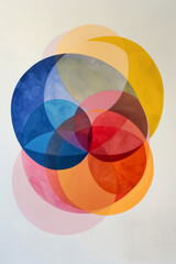 A colorful abstract painting with a blue circle in the center. The painting is full of different colors and shapes, creating a sense of movement and energy