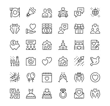 Wedding icons set. Vector line icons. Black outline stroke symbols