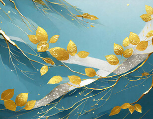 金箔などをあしらった、青い夏らしい日本風の背景素材。 - obrazy, fototapety, plakaty