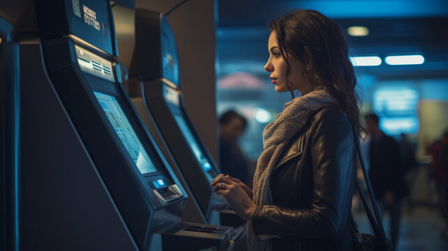  Standing before the ATM machine, a woman checks her balance on the screen, her expression calm and composed as she reviews her financial information.