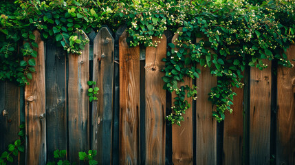 A wooden fence with green vines growing on it. The vines are covering the fence and the wood is brown