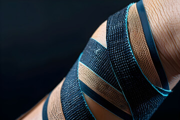 Close-Up Image of Elbow Wrapped with Supportive KT therapeutic Tape for Pain Relief - obrazy, fototapety, plakaty