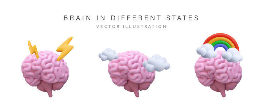 Set of brains in different states. Vector symbols of emotions and processes