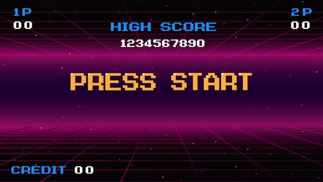 PRESS START insert coin to continue. Synthwave wireframe net. pixel art .8 bit game. retro game. for game assets .Retro Futurism Sci-Fi Background. glowing neon grid and stars.