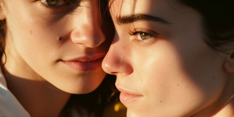 Obraz premium Young lesbian couple touches foreheads to each other closeup. Generative AI.