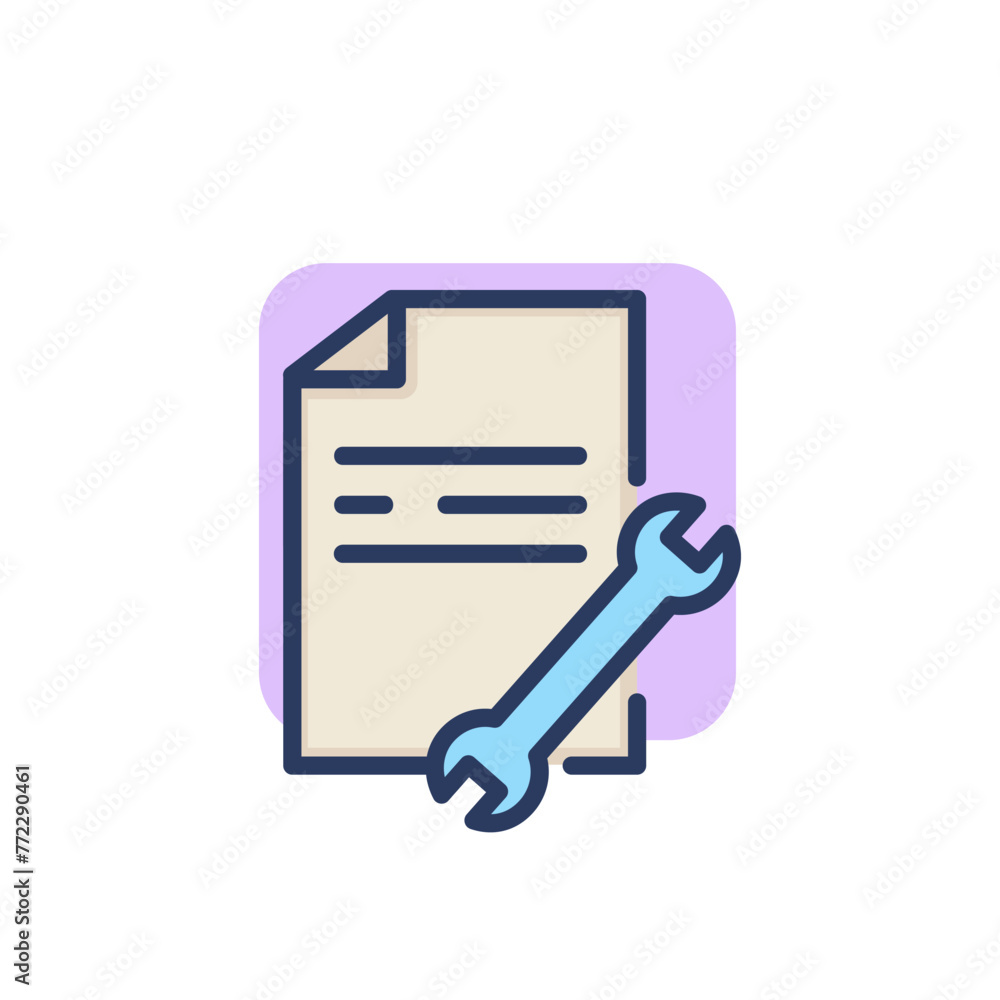 Poster file document with wrench thin line icon. adjusting, fixing, paper outline sign. repair and maintena