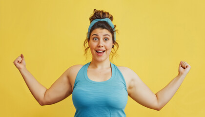 Happy chubby overweight plus size woman isolated on plain yellow background.  AI Generative