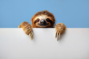Fototapeta premium Cute sloth with paws over white sign. AI Generative
