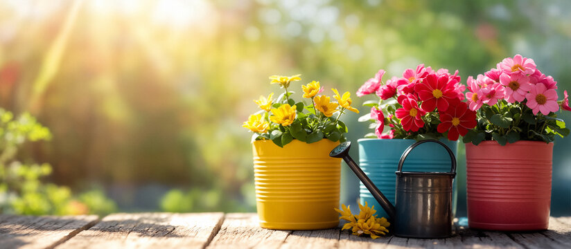 Spring summer soft background with flowers and wooden table and free space for inscription.  Generative AI