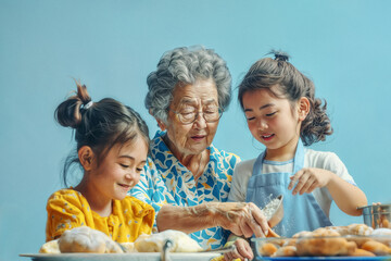 Portrait of an Asian grandmother with her granddaughters cooking.  Generative AI