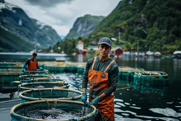 Workers on a fishing farm.  Generative AI