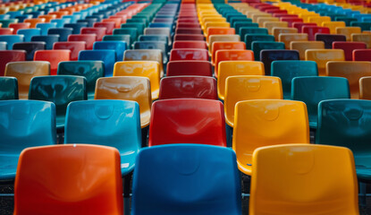 Fototapeta premium Vibrant Array of Empty Stadium Seats Awaiting Spectators, a Rainbow of Anticipation and Excitement