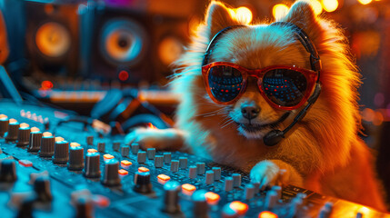 Dog DJ at the mixing console.  AI Generative