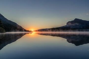 Beautiful sunrise over Swiftcurrent Lake in Glacier national park