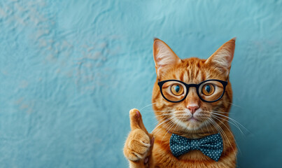 A ginger cat in glasses and a bow tie points his finger to the side on a blue background. Generative AI