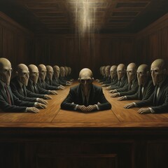 A boardroom filled with faceless figures, their eyes glowing greedily as they absorb wealth from the economy, embodying parasitic investors
