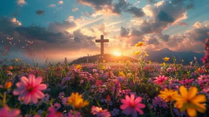 Vibrant Easter morning scene with the cross on the hill, surrounded by blooming spring flowers - obrazy, fototapety, plakaty